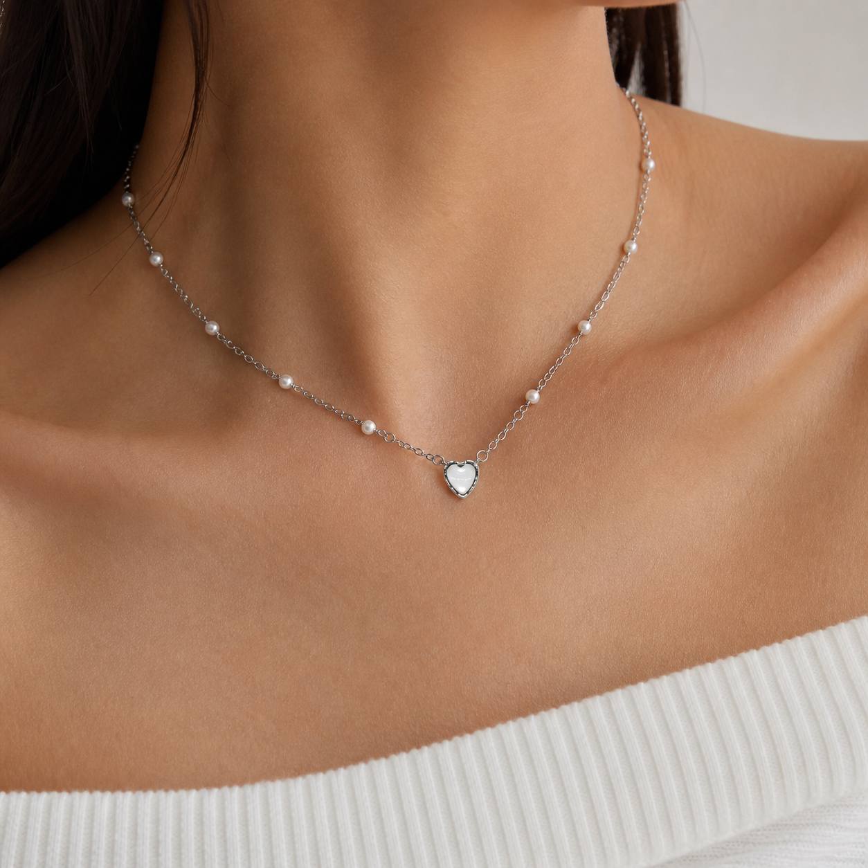 925 Silver Heart Pearl Necklace – Dainty Chain for Women