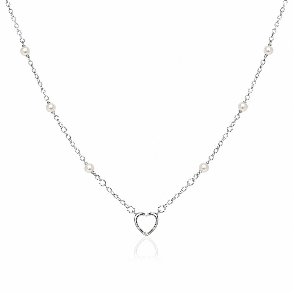 925 Silver Heart Pearl Necklace – Dainty Chain for Women