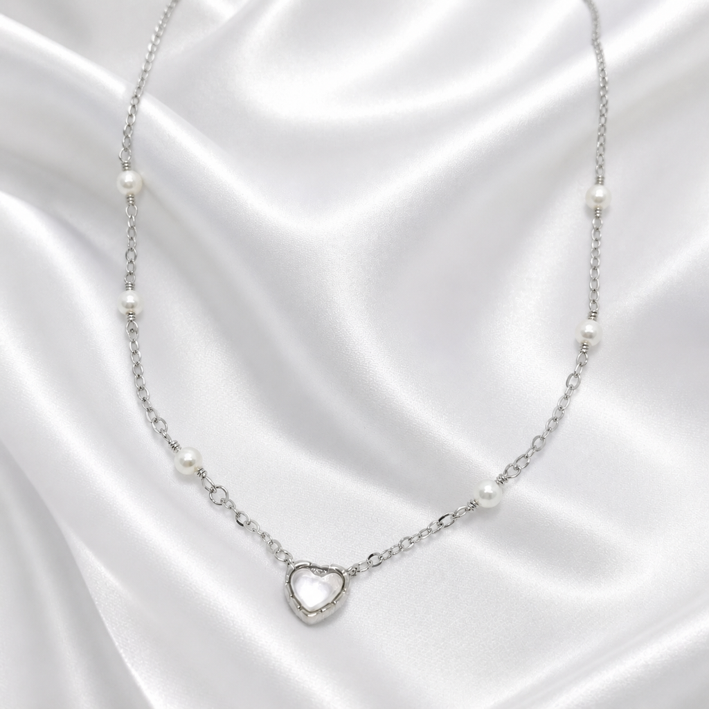925 Silver Heart Pearl Necklace – Dainty Chain for Women