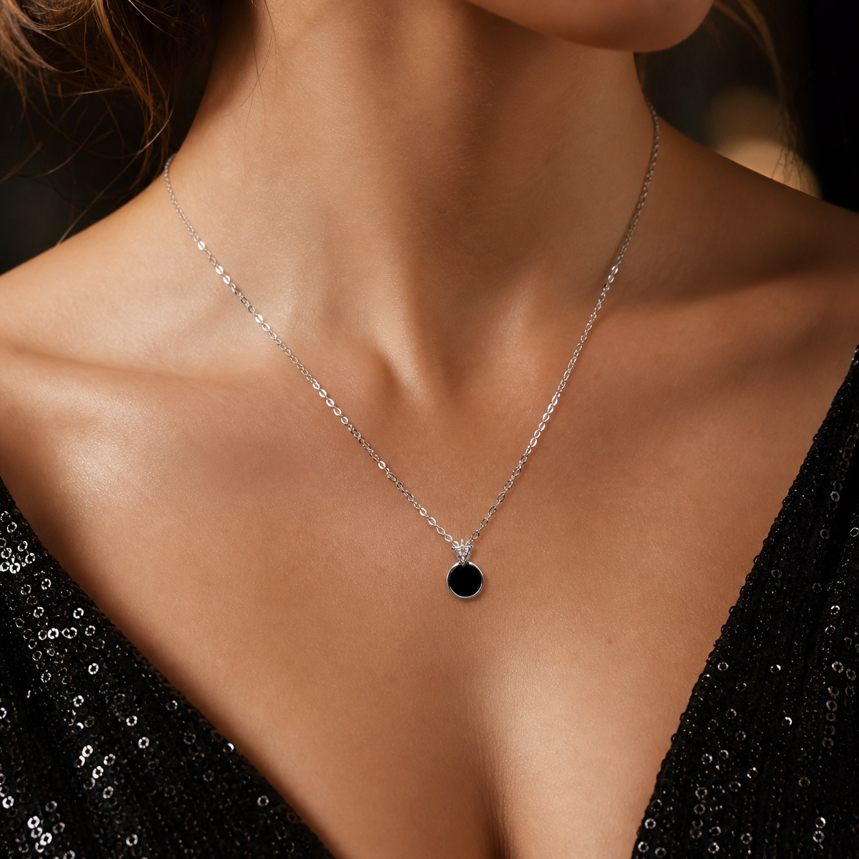 925 Silver Black Onyx Pendant Necklace – Elegant Round Chain for Women