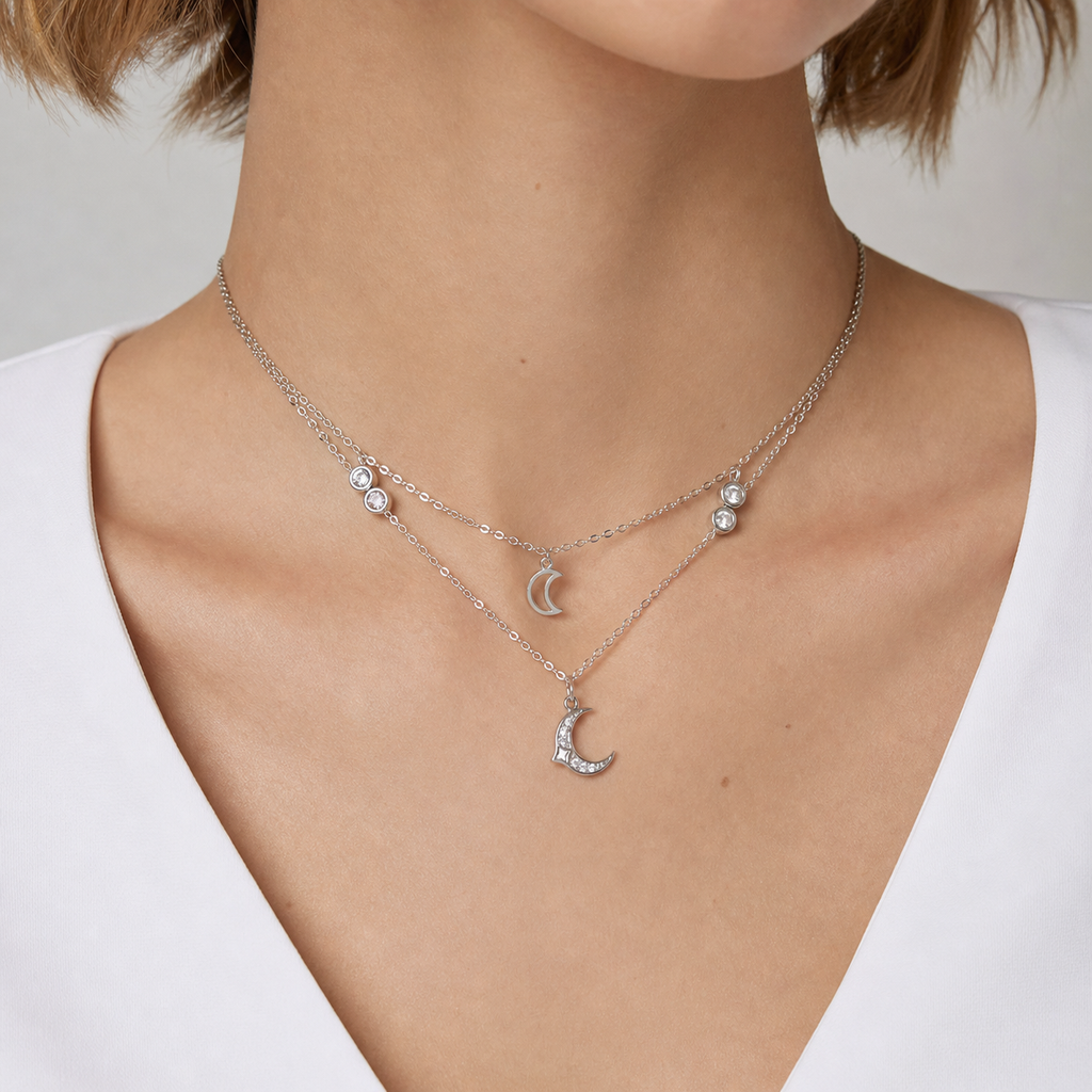 925 Silver Moon Layered Necklace for Women