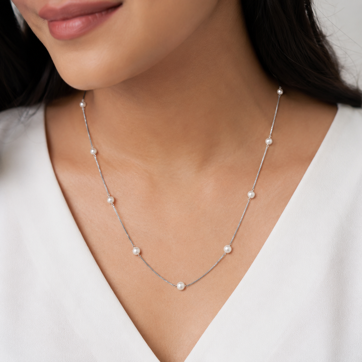 925 Silver Long Pearl Station Necklace