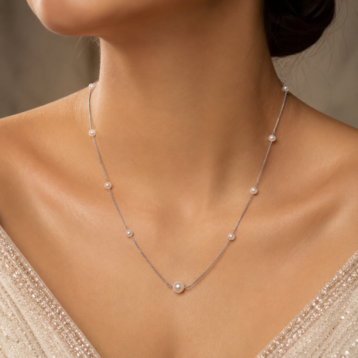 925 Silver Long Pearl Station Necklace