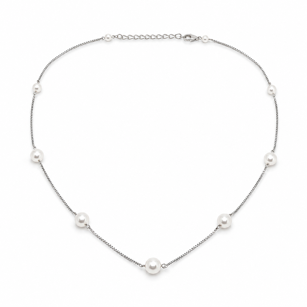 925 Silver Long Pearl Station Necklace