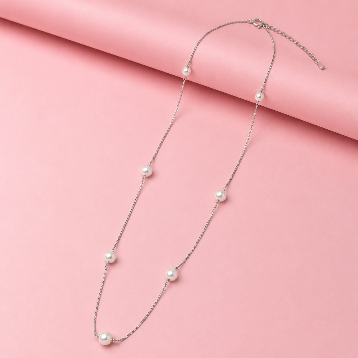 925 Silver Long Pearl Station Necklace