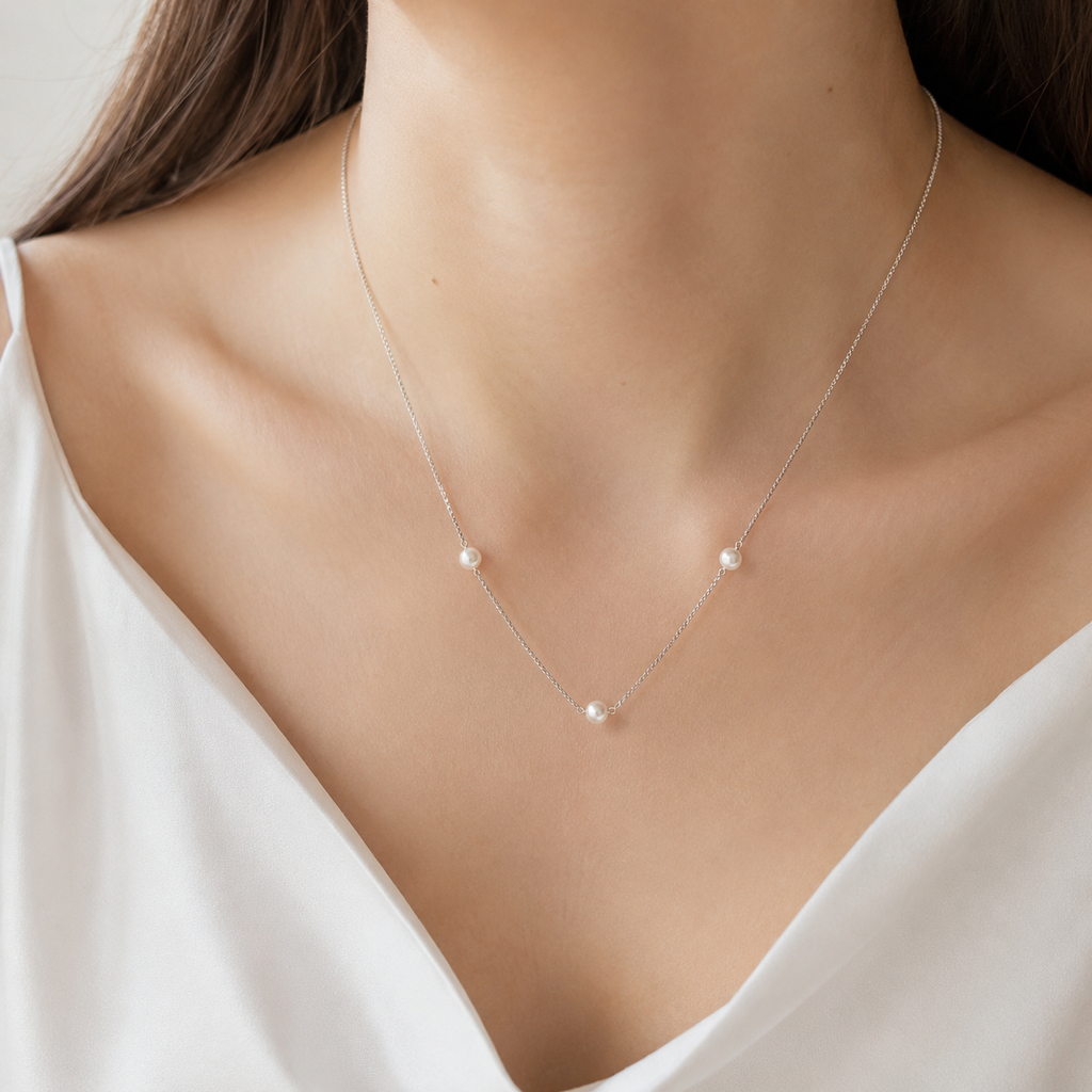 925 Silver Triple Pearl Minimal Necklace