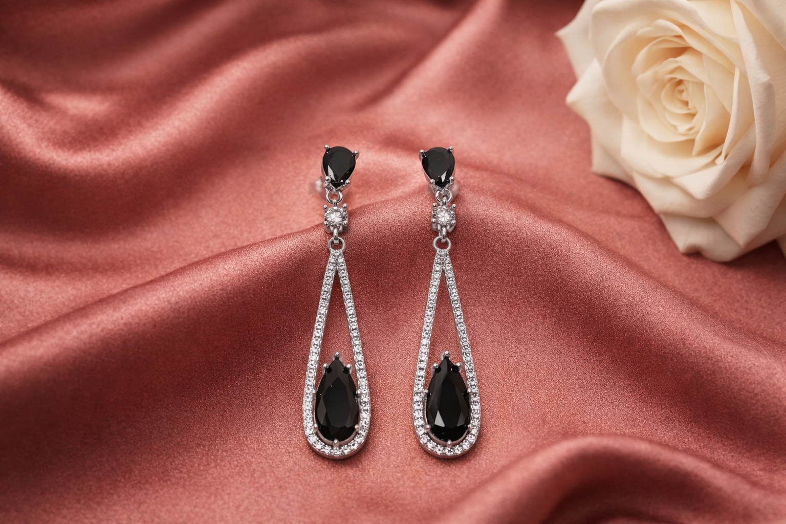 Midnight Noir Black Long Diamond 925 Silver Earrings - Work hard. Shine harder.