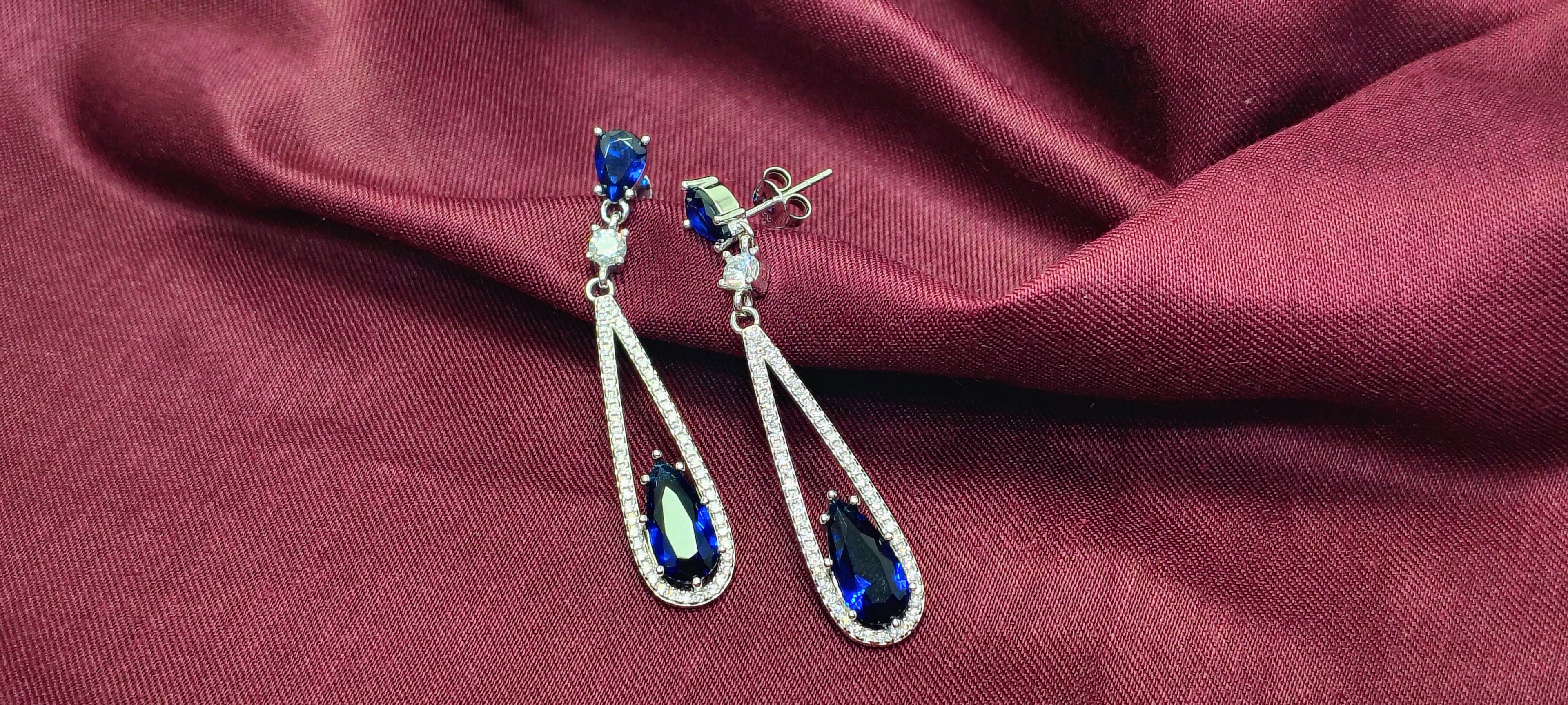 Ocean Drop Blue Diamond Long 925 Silver Earrings - For nights you’ll remember.