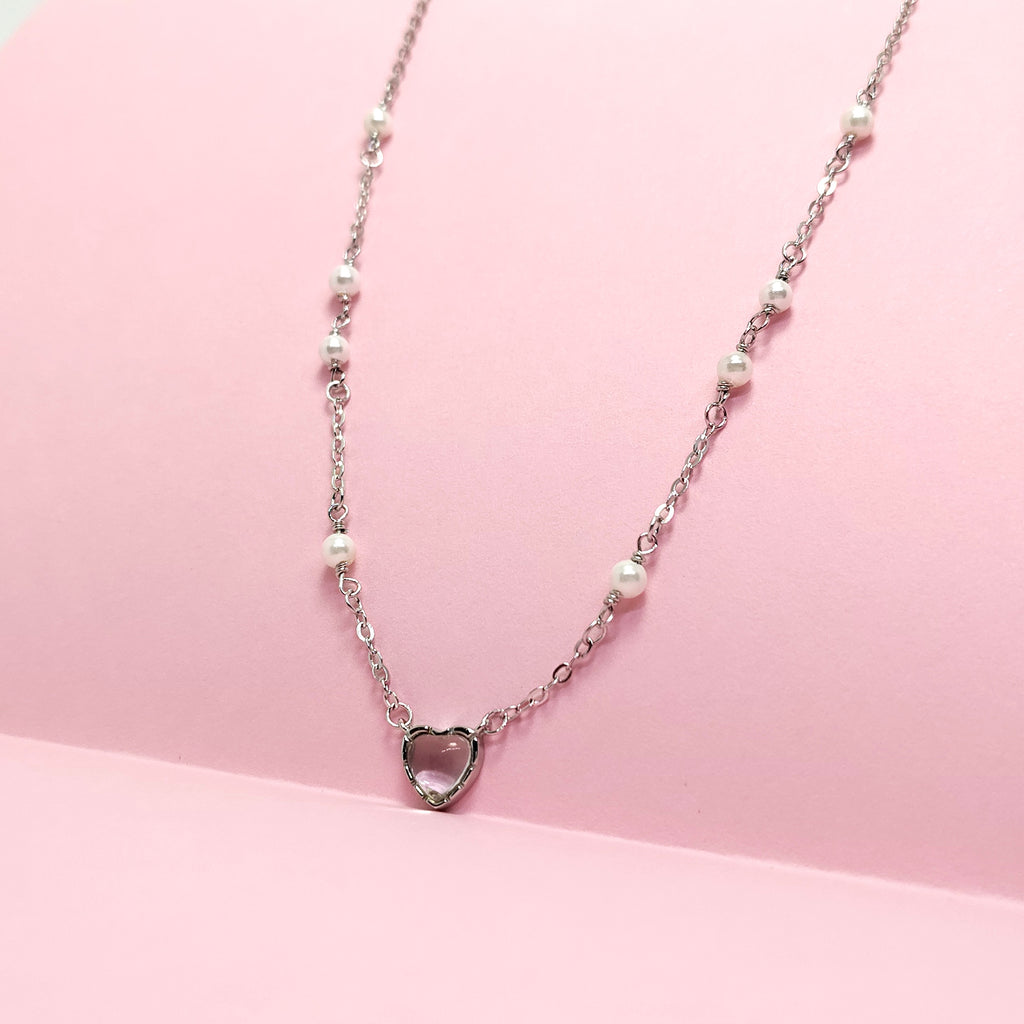 925 Silver Heart Pearl Necklace – Dainty Chain for Women