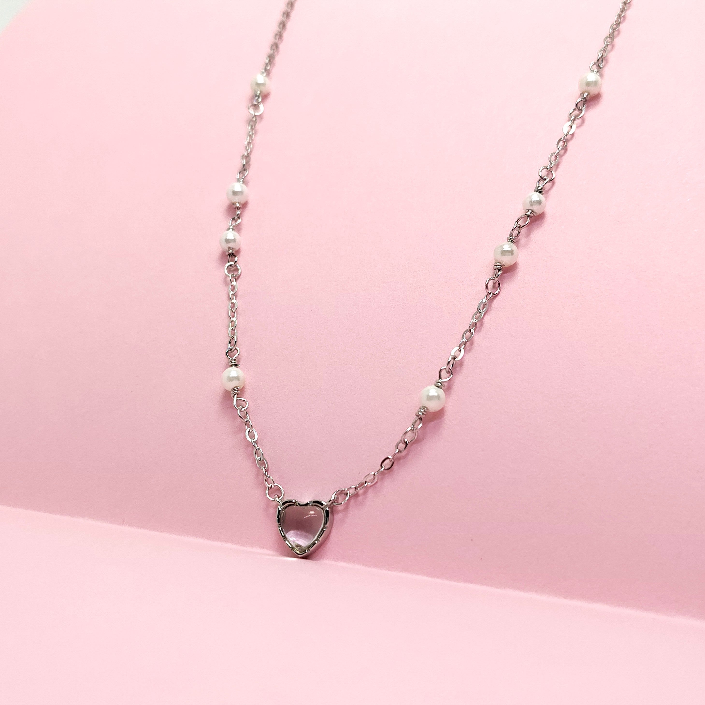 925 Silver Heart Pearl Necklace – Dainty Chain for Women