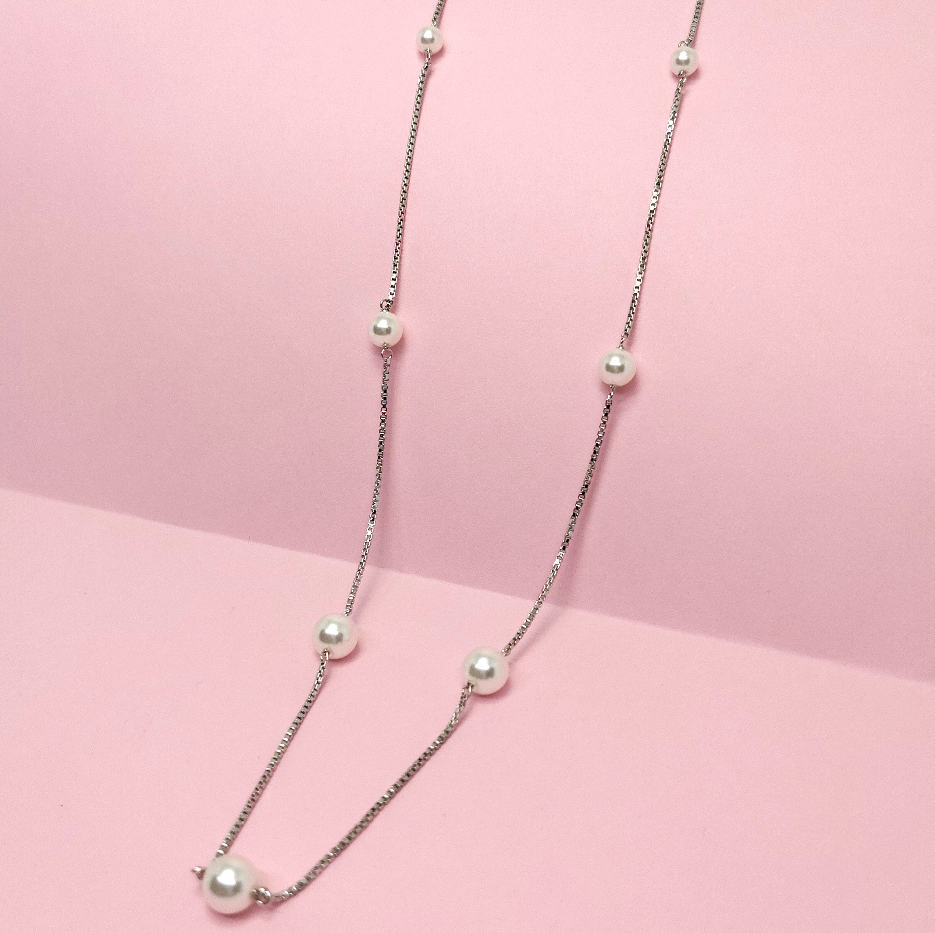 925 Silver Long Pearl Station Necklace