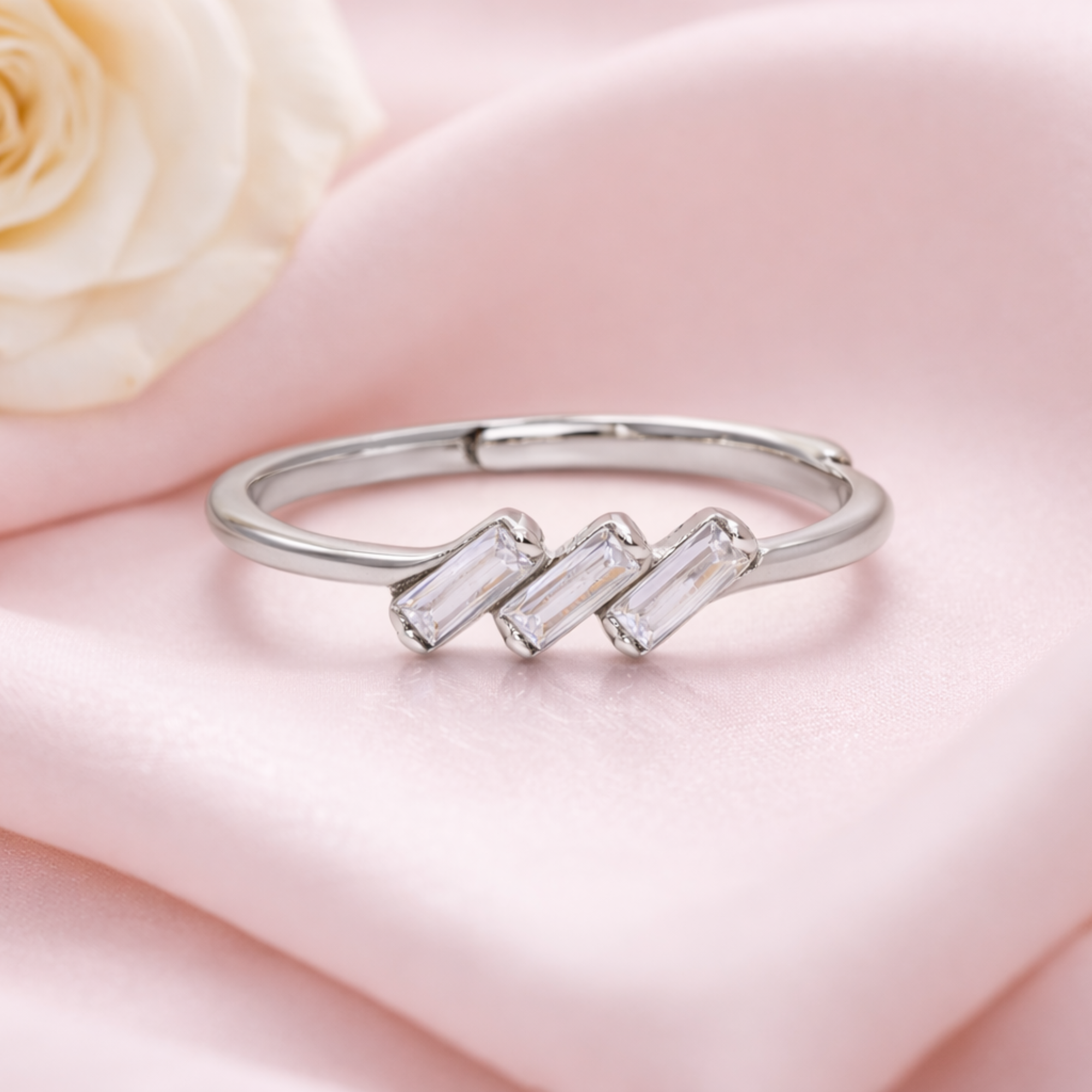 Silver Triple Emerald & Diamond Ring
