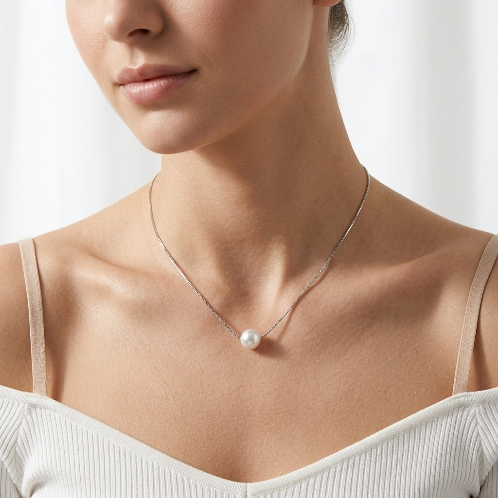 925 Silver Pearl Drop Necklace – Minimal Solitaire Chain for Women